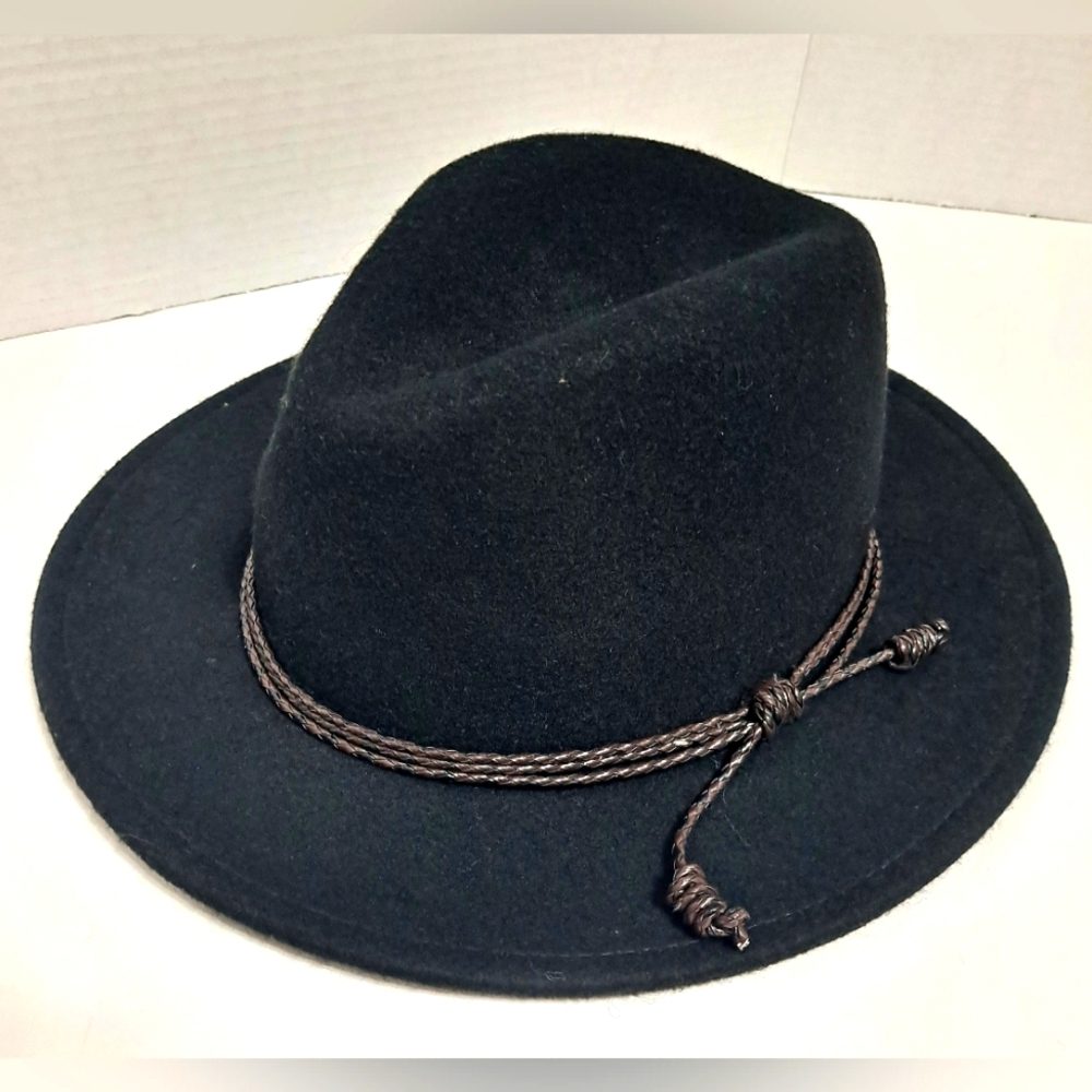 Olive & Pique Black Wool Fedora Hat Brown Rope Trimming